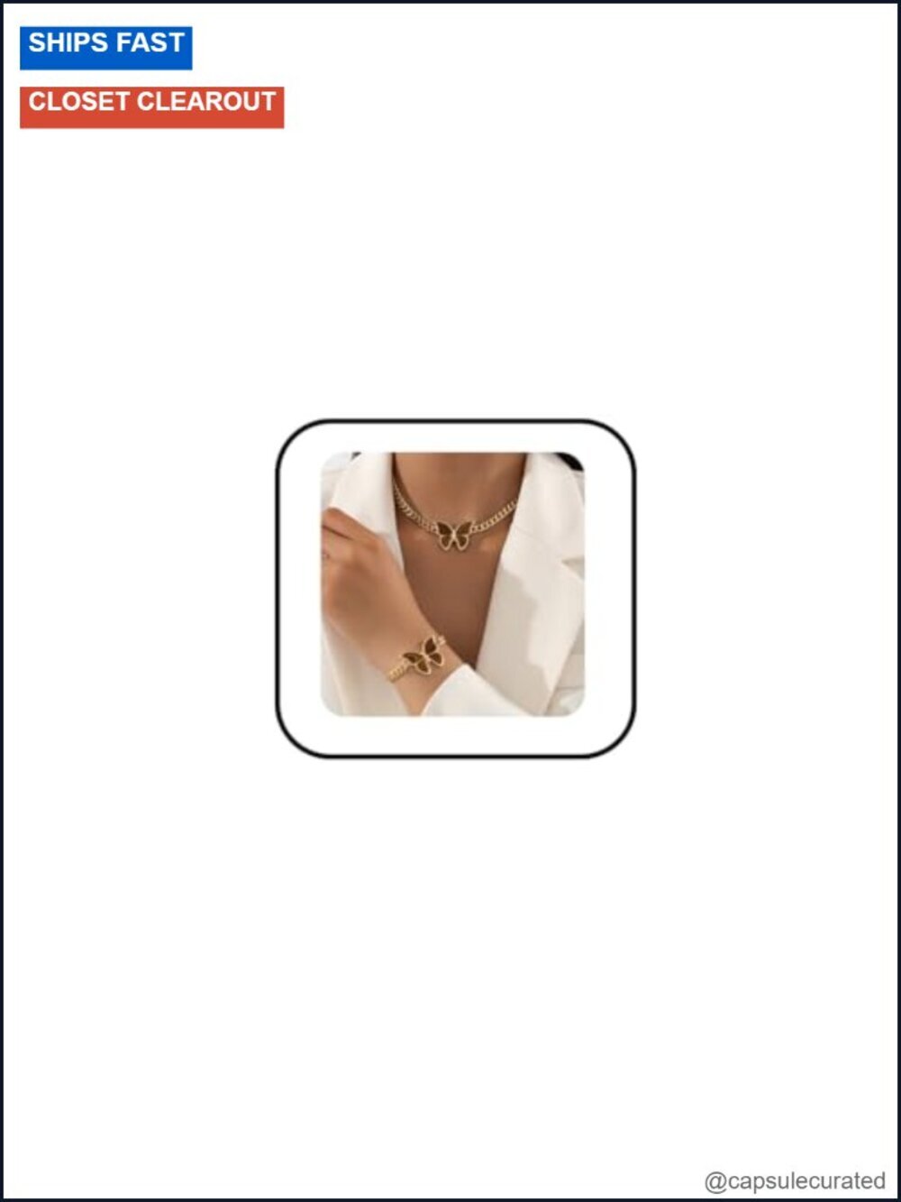 Gold Butterfly Cuban Chain Jewelry Set Necklace Bracelet
